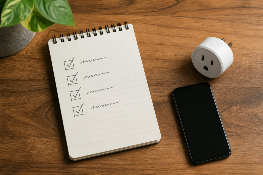 Notepad and smart plug representing a simple decision checklist