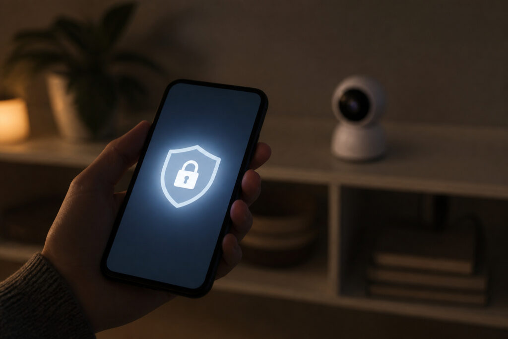 Smartphone showing a security notification near a smart camera