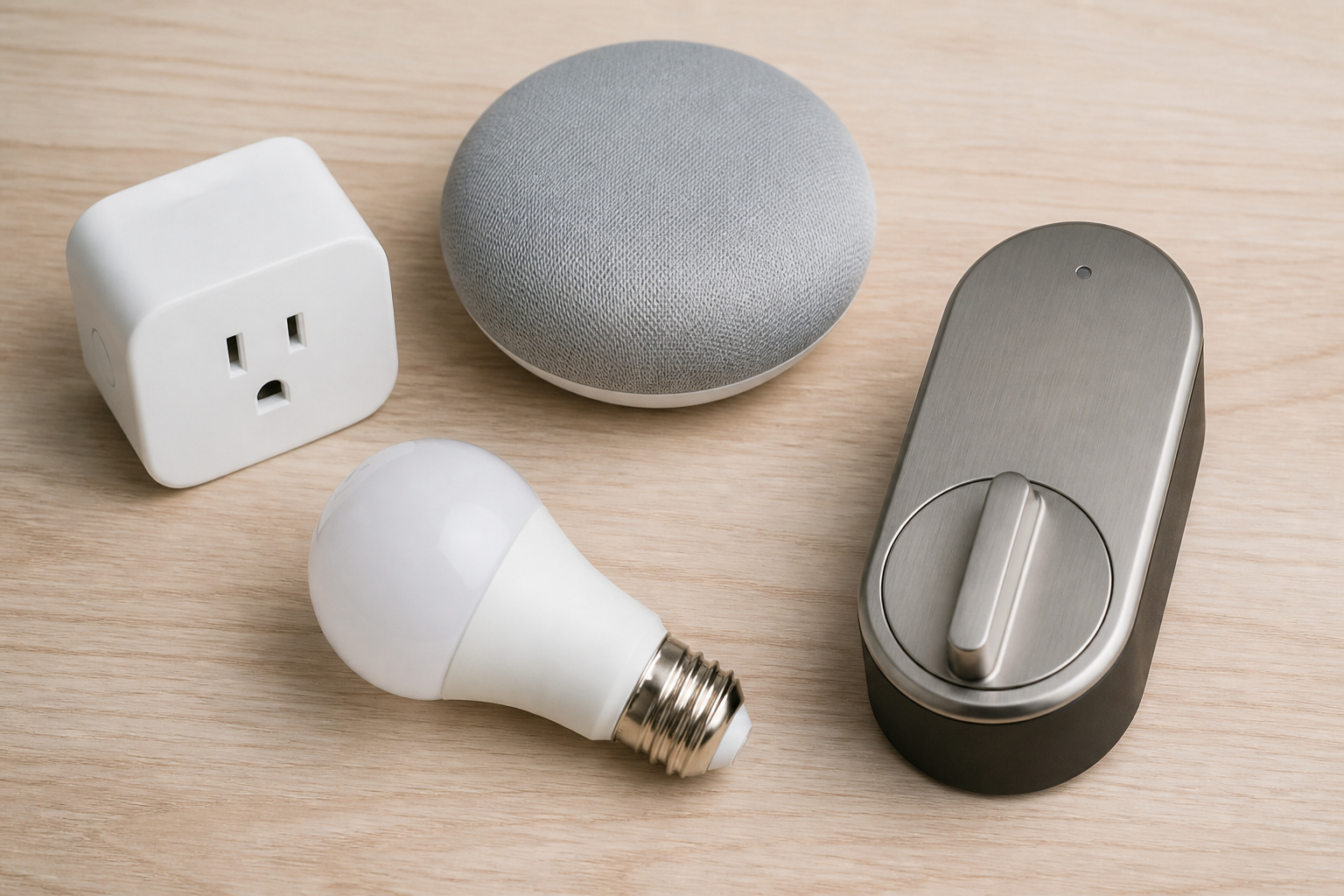 Assorted smart home devices including a plug, speaker, bulb, and lock
