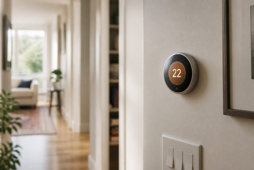 Smart thermostat mounted on a hallway wall