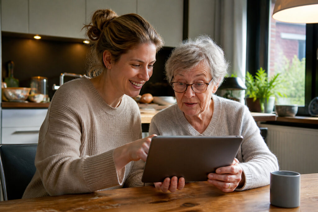 Family member helping an older parent use a smart home control tablet