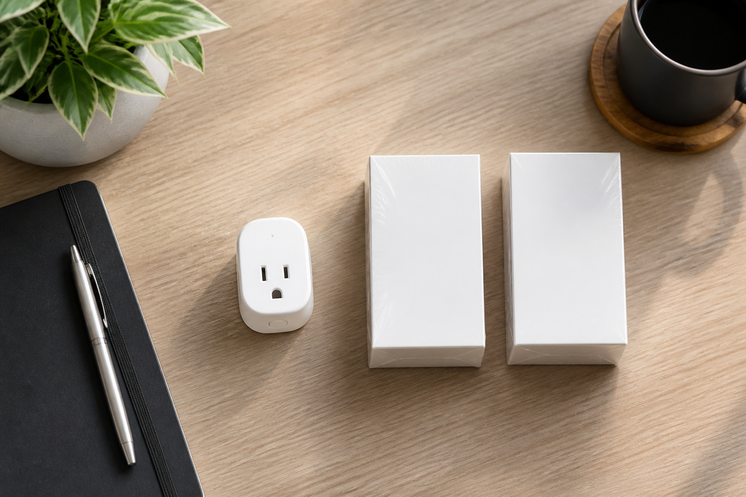 One smart device in use next to unopened boxes representing a phased setup
