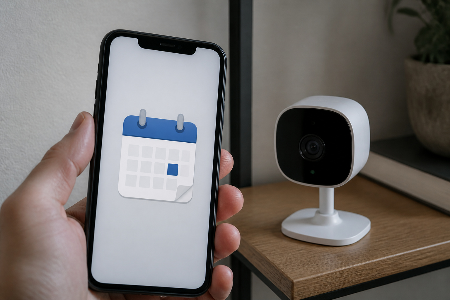 Smartphone showing a subscription billing reminder near a security camera