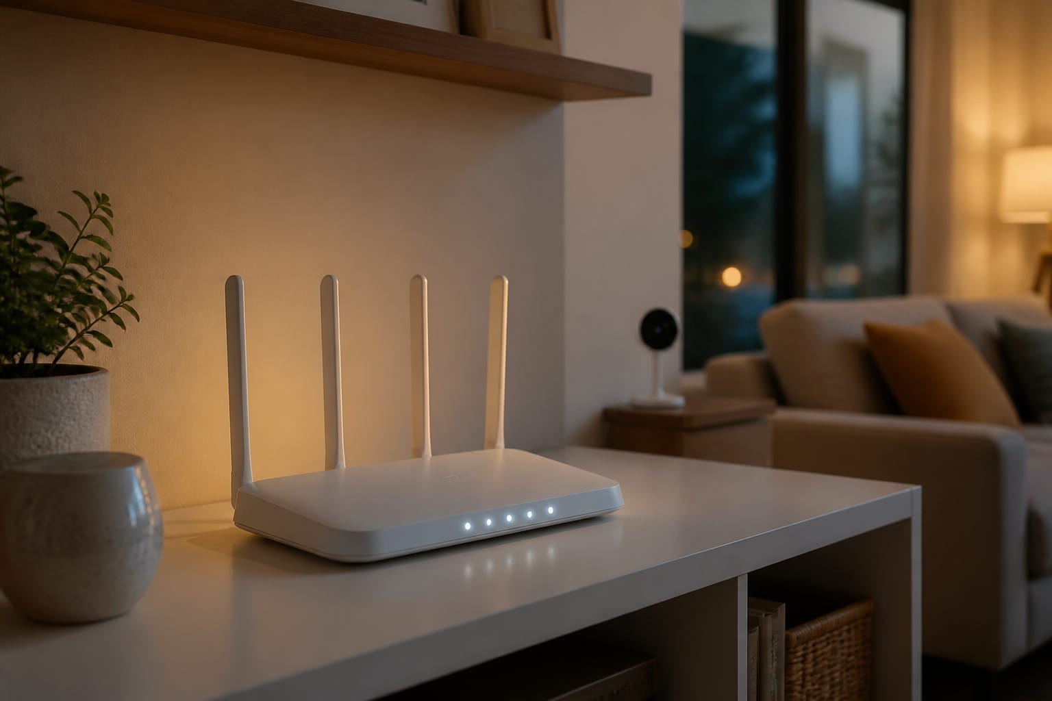Home Wi-Fi router and smart camera in a modern living room