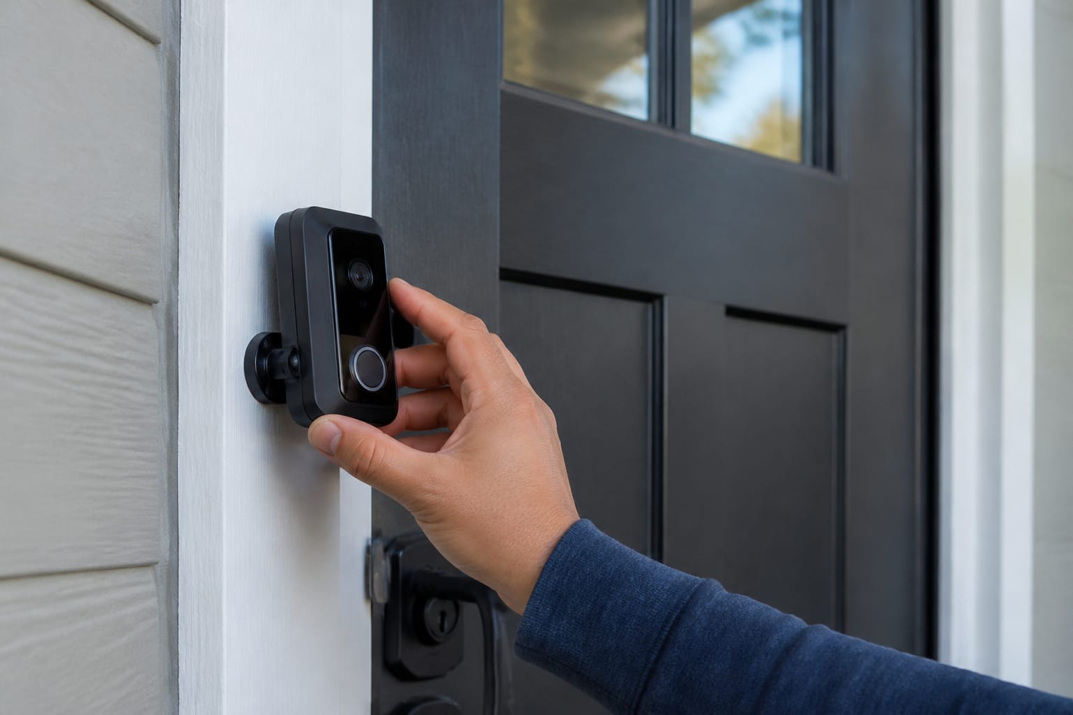 Homeowner adjusting a video doorbell camera by the front door