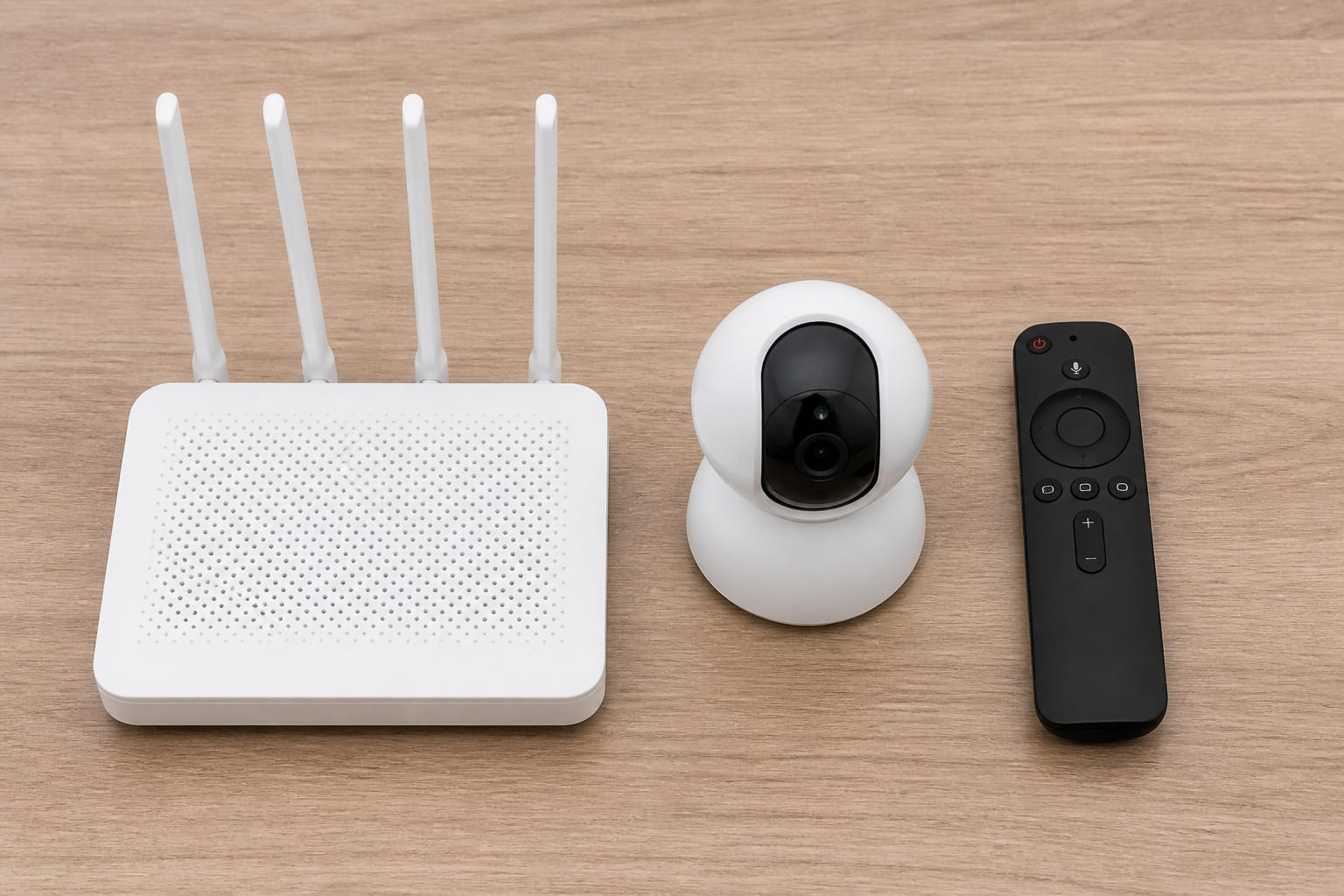 Router, security camera, and smart TV remote representing commonly targeted devices