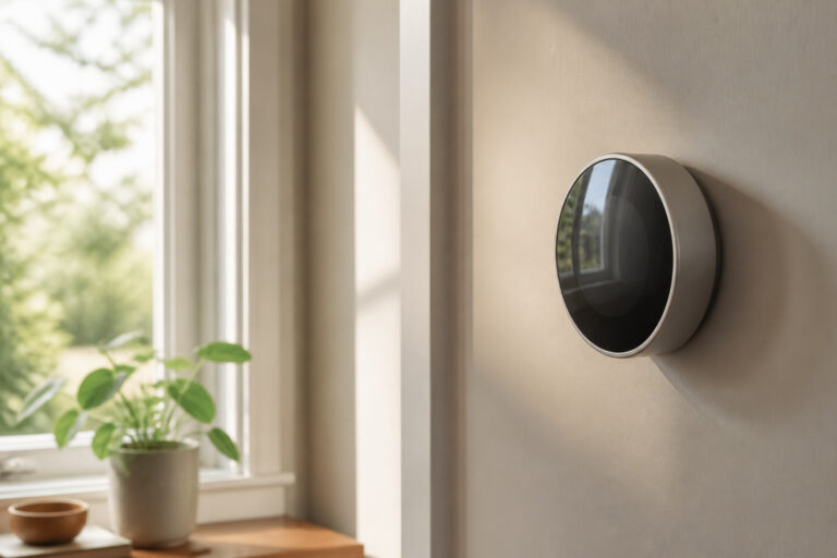 Smart thermostat in a sunlit hallway