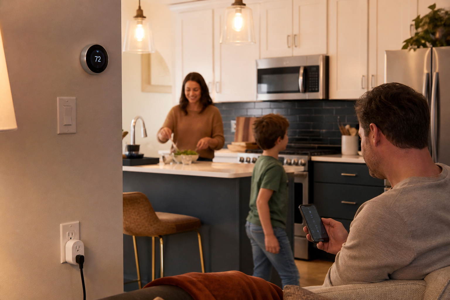 Family home with a smart thermostat and smart plug in daily use