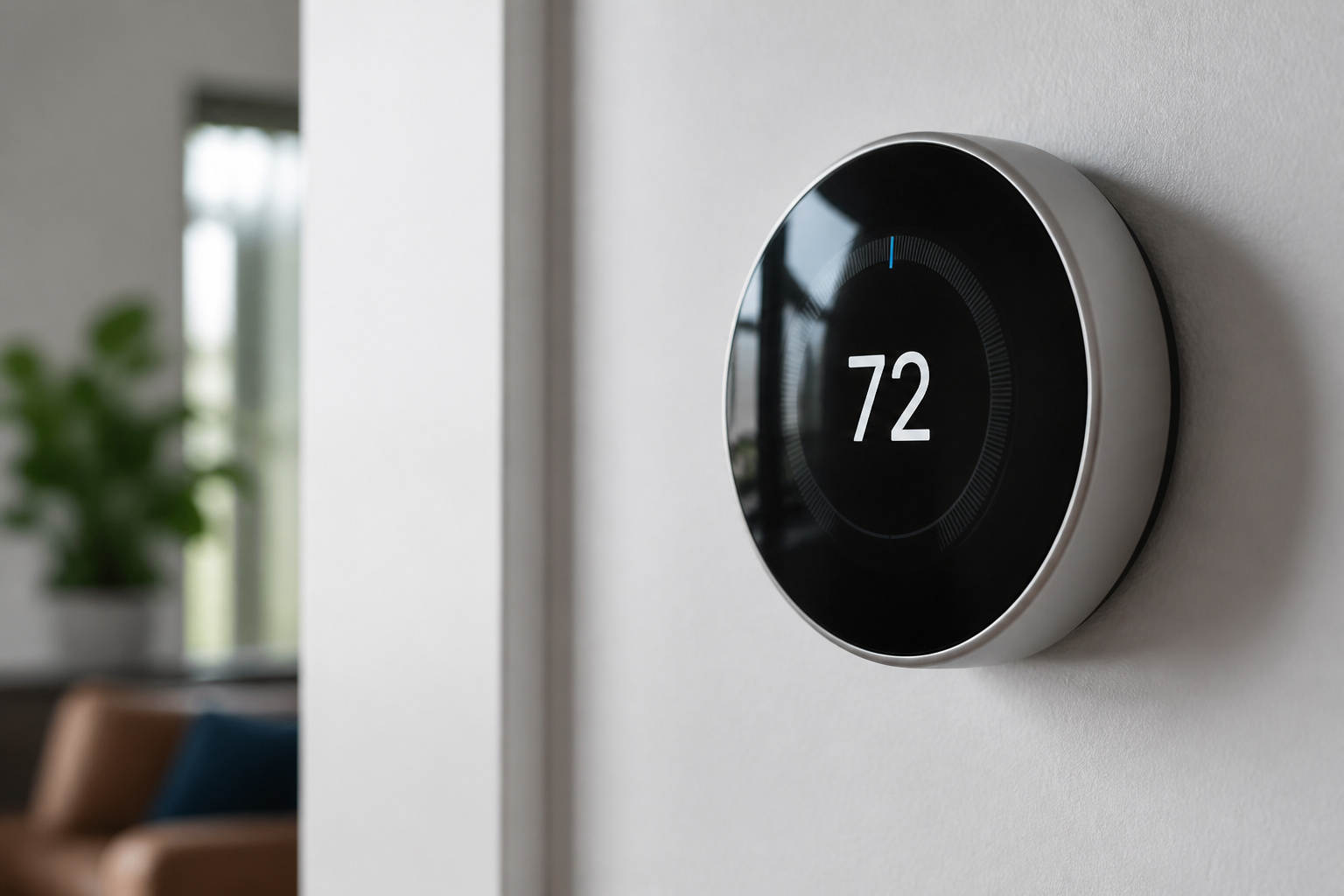 Close-up of a smart thermostat display on a wall