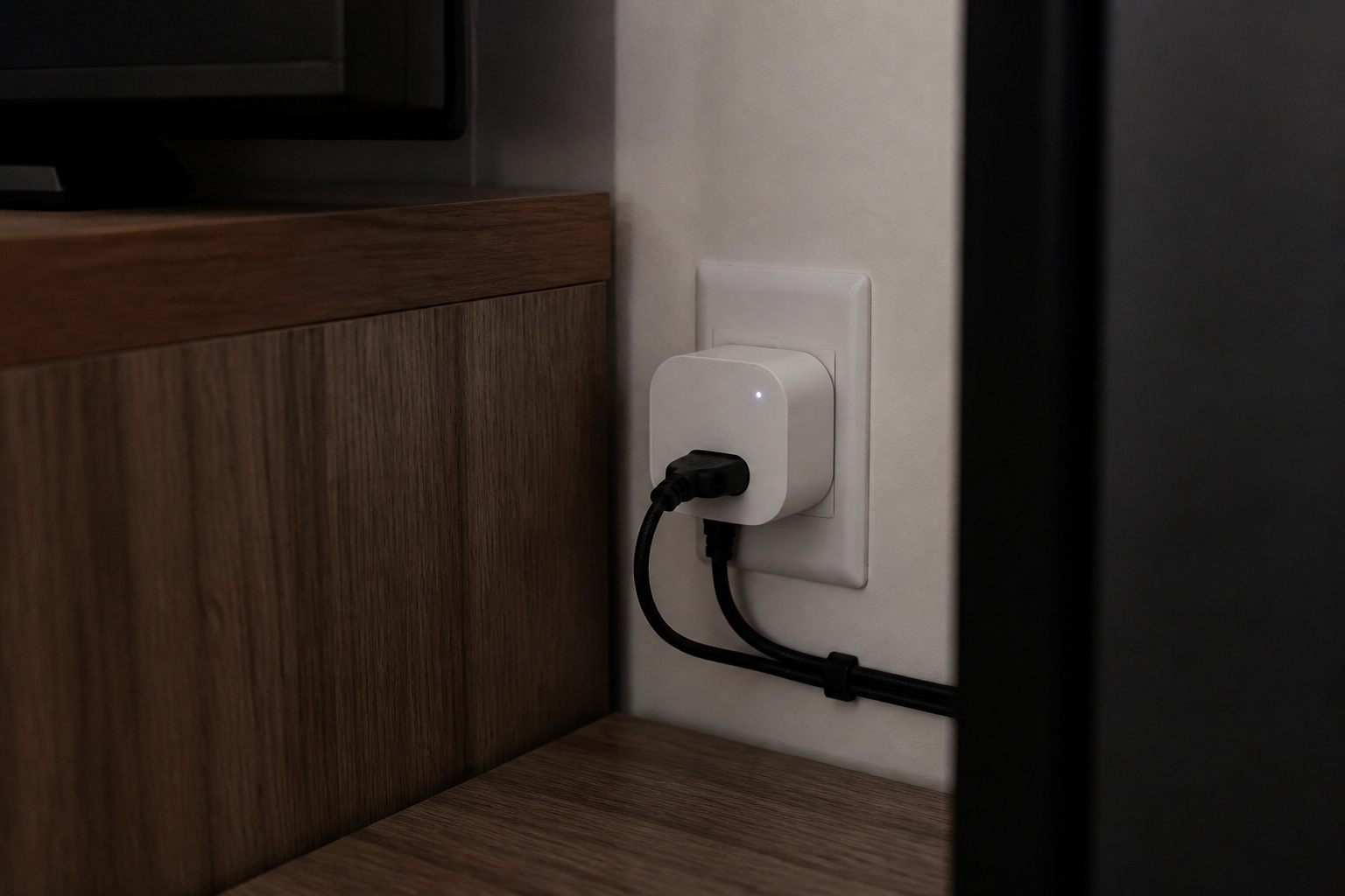 Smart plug installed behind a home entertainment center