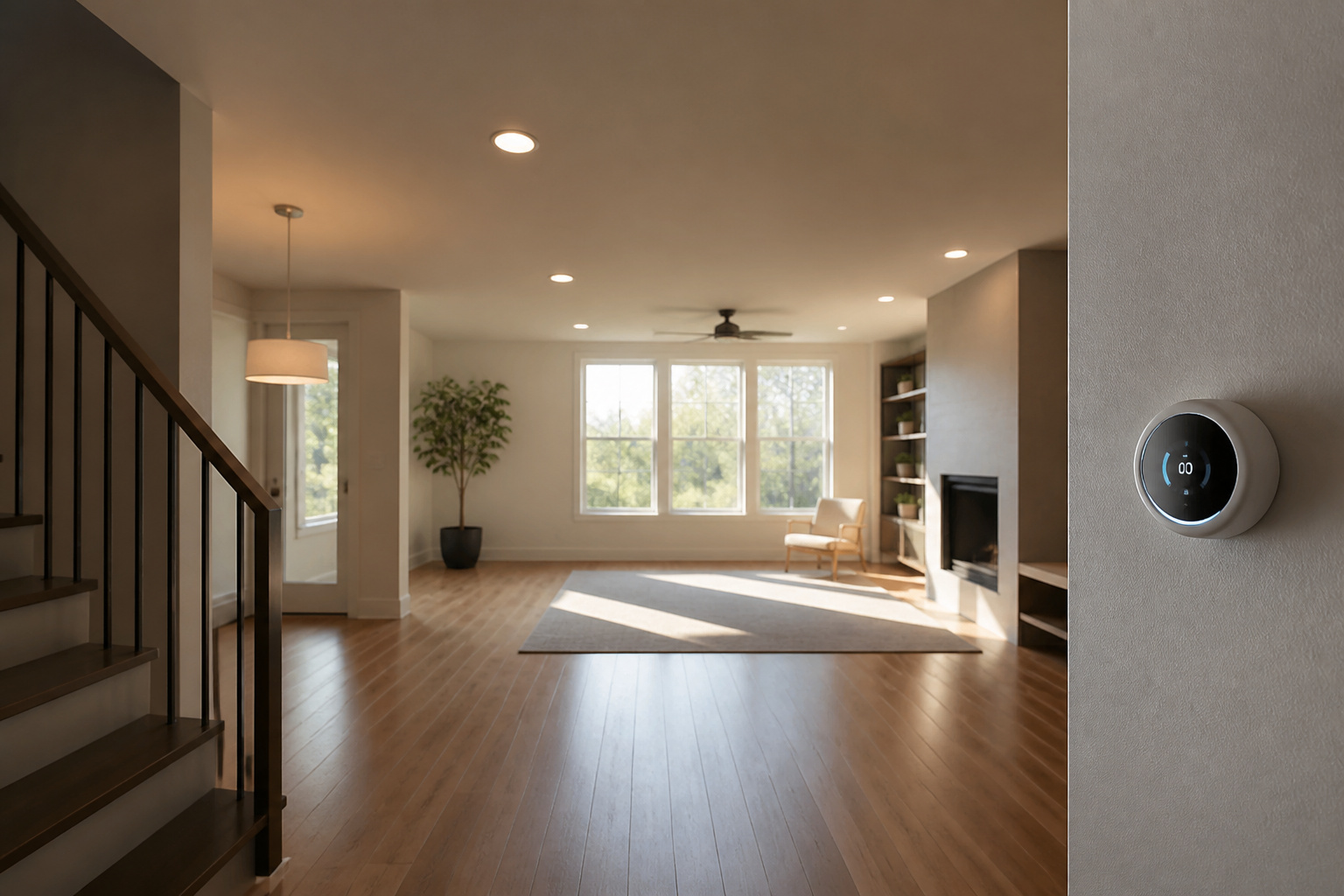 Empty living room with an automated smart thermostat adjusting