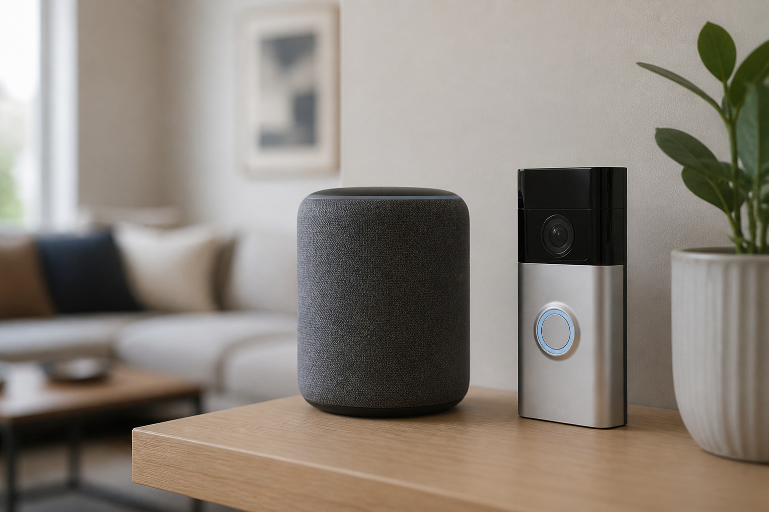 Smart speaker and video doorbell on a living room shelf