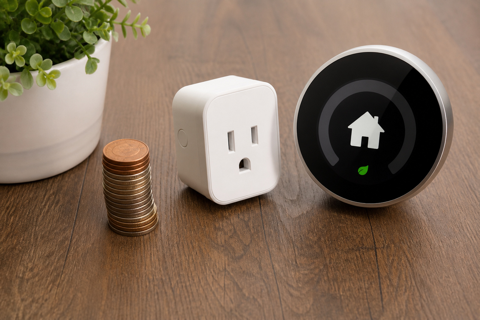 Coins next to a smart plug and thermostat representing payback period