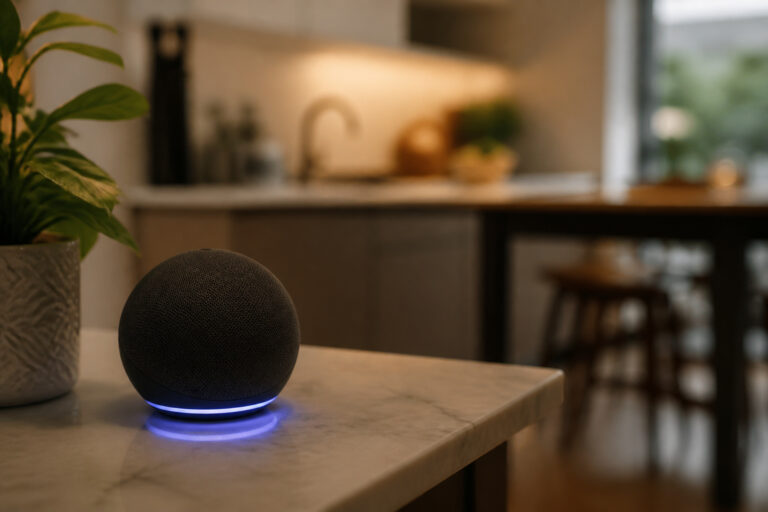 Smart speaker glowing softly on a kitchen counter