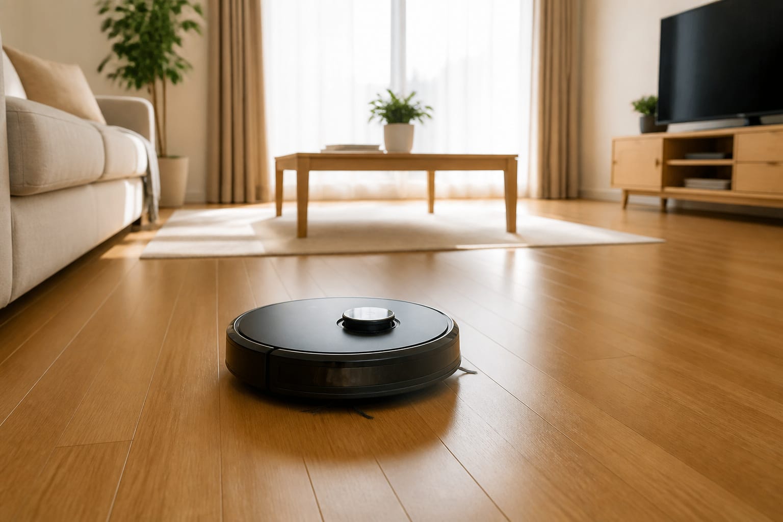 Robot vacuum cleaning a living room floor