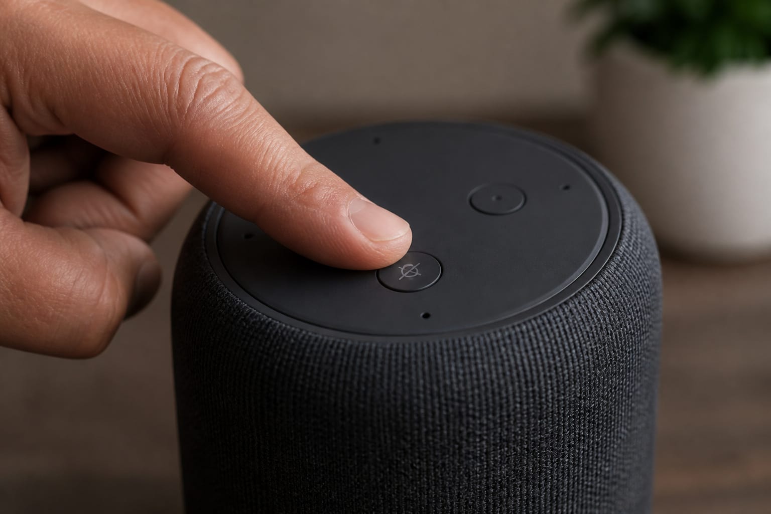 Hand pressing the physical mute button on a smart speaker