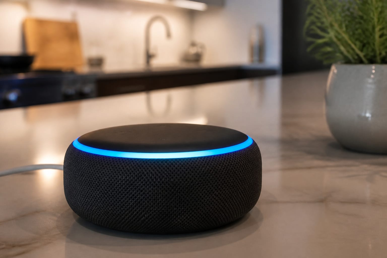 Smart speaker light ring activating on a kitchen counter