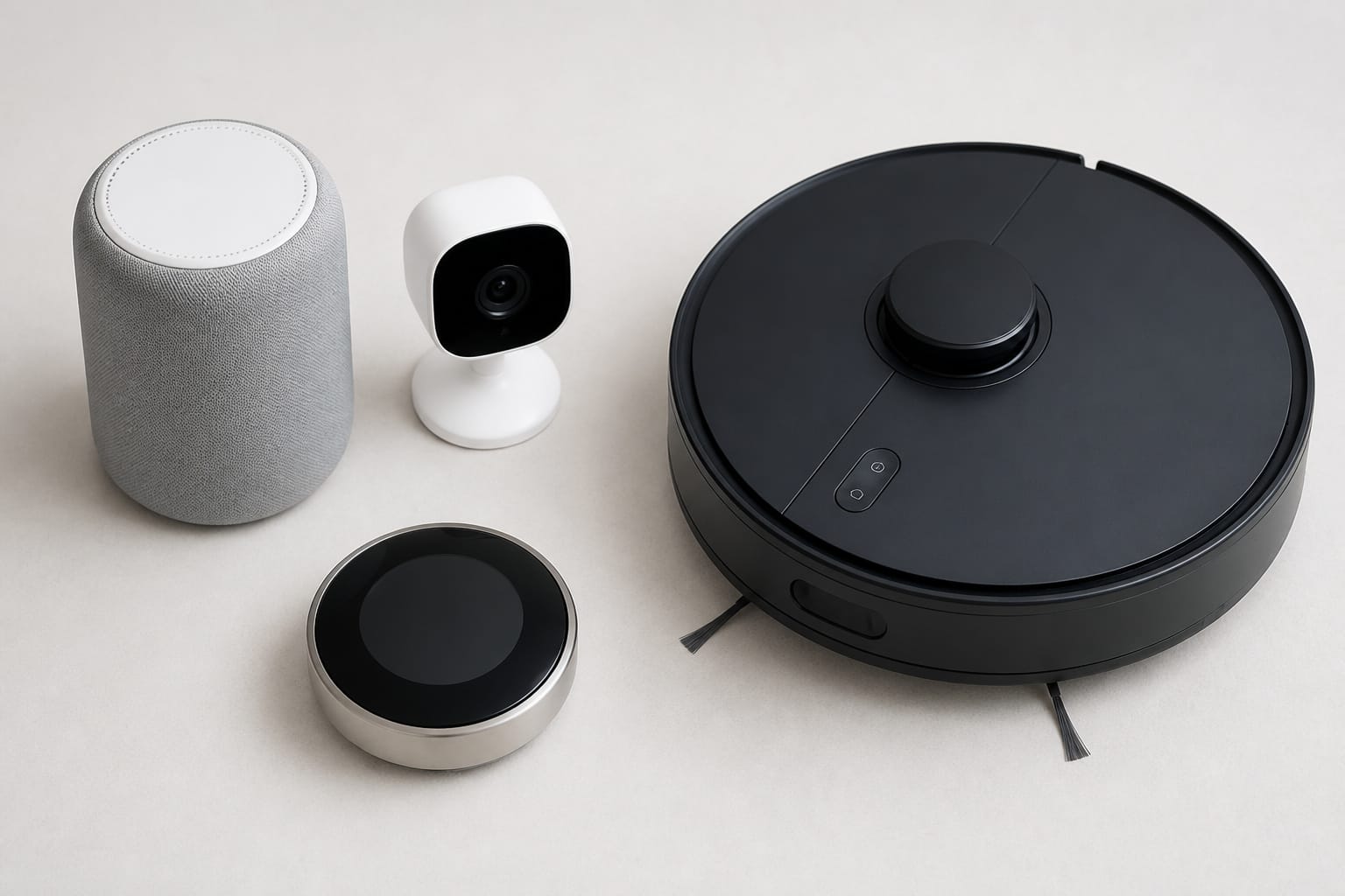 Smart speaker, camera, robot vacuum, and thermostat grouped together