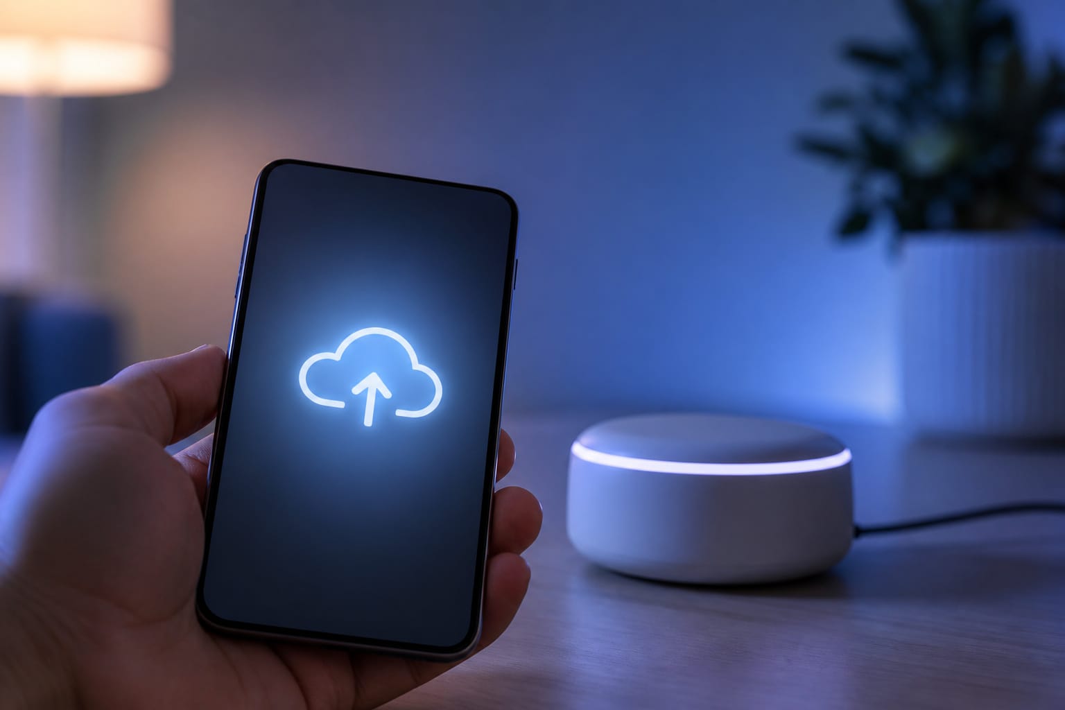 Smartphone showing data syncing from a smart home device to the cloud