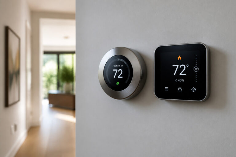 Two smart thermostats mounted side by side on a wall, comparing a round display model and a square touchscreen model
