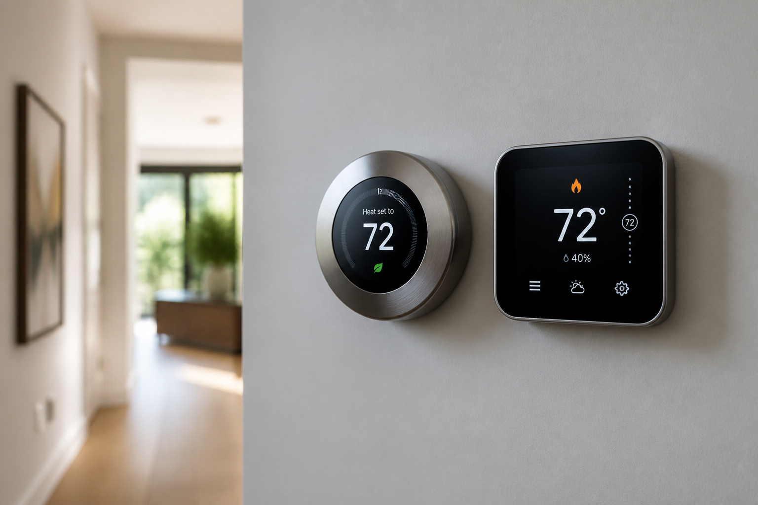 Two smart thermostats mounted side by side on a wall, comparing a round display model and a square touchscreen model