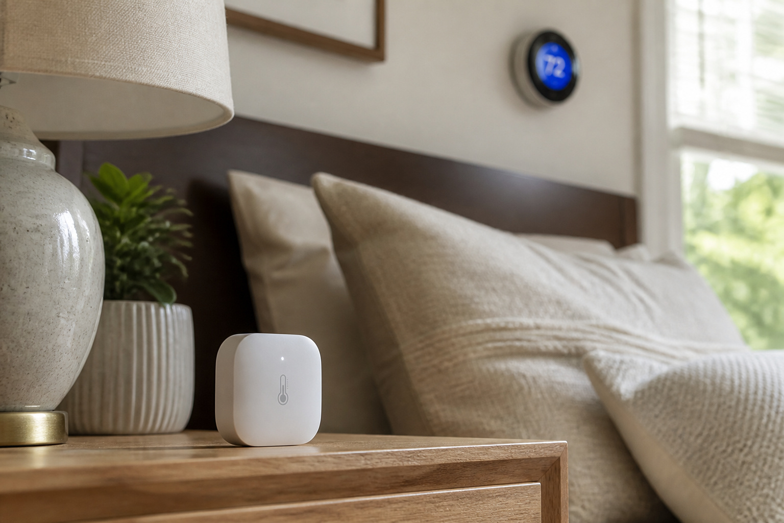 Small wireless room sensor on a nightstand with a smart thermostat visible in the background