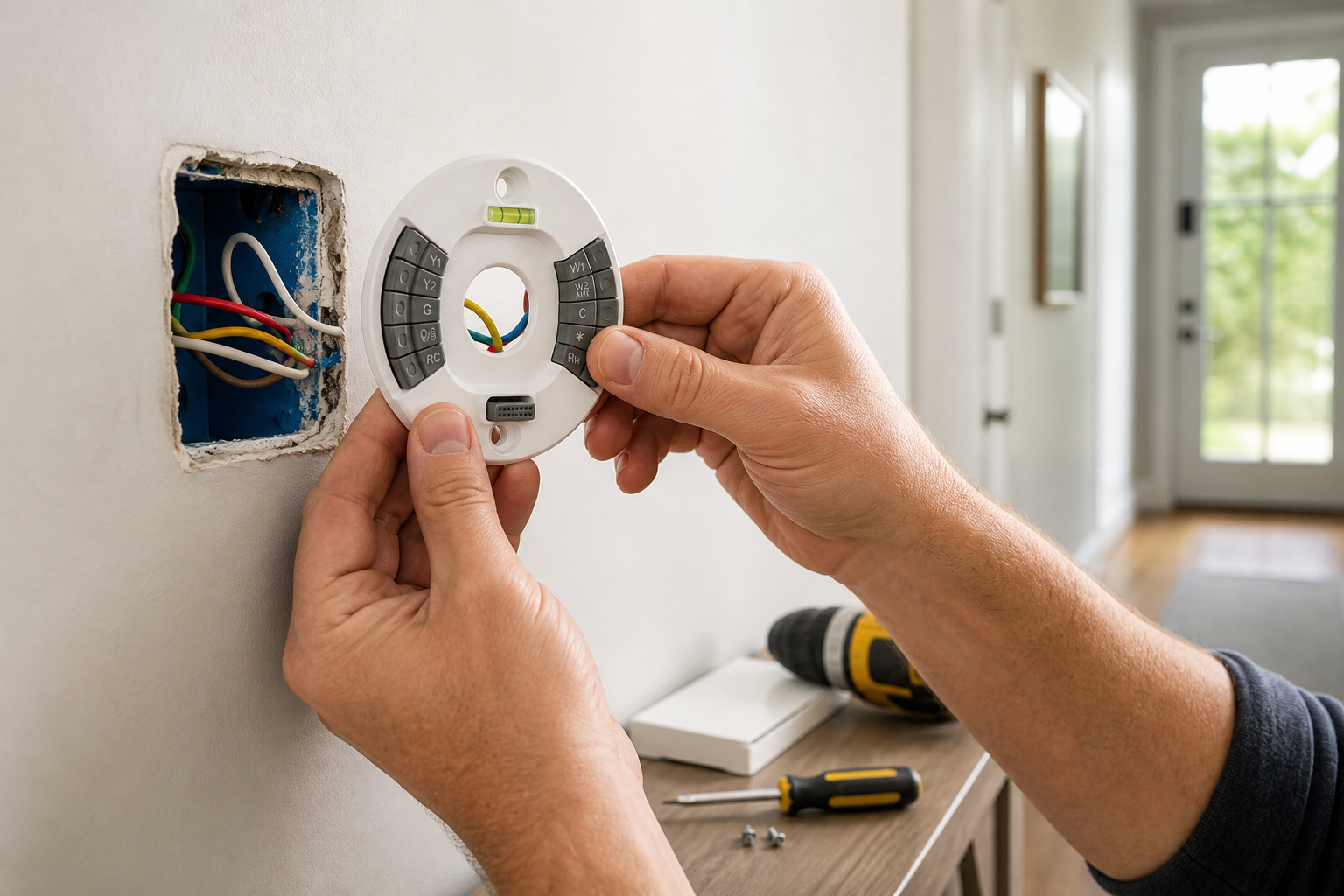 Hands installing a smart thermostat wall plate near exposed wiring