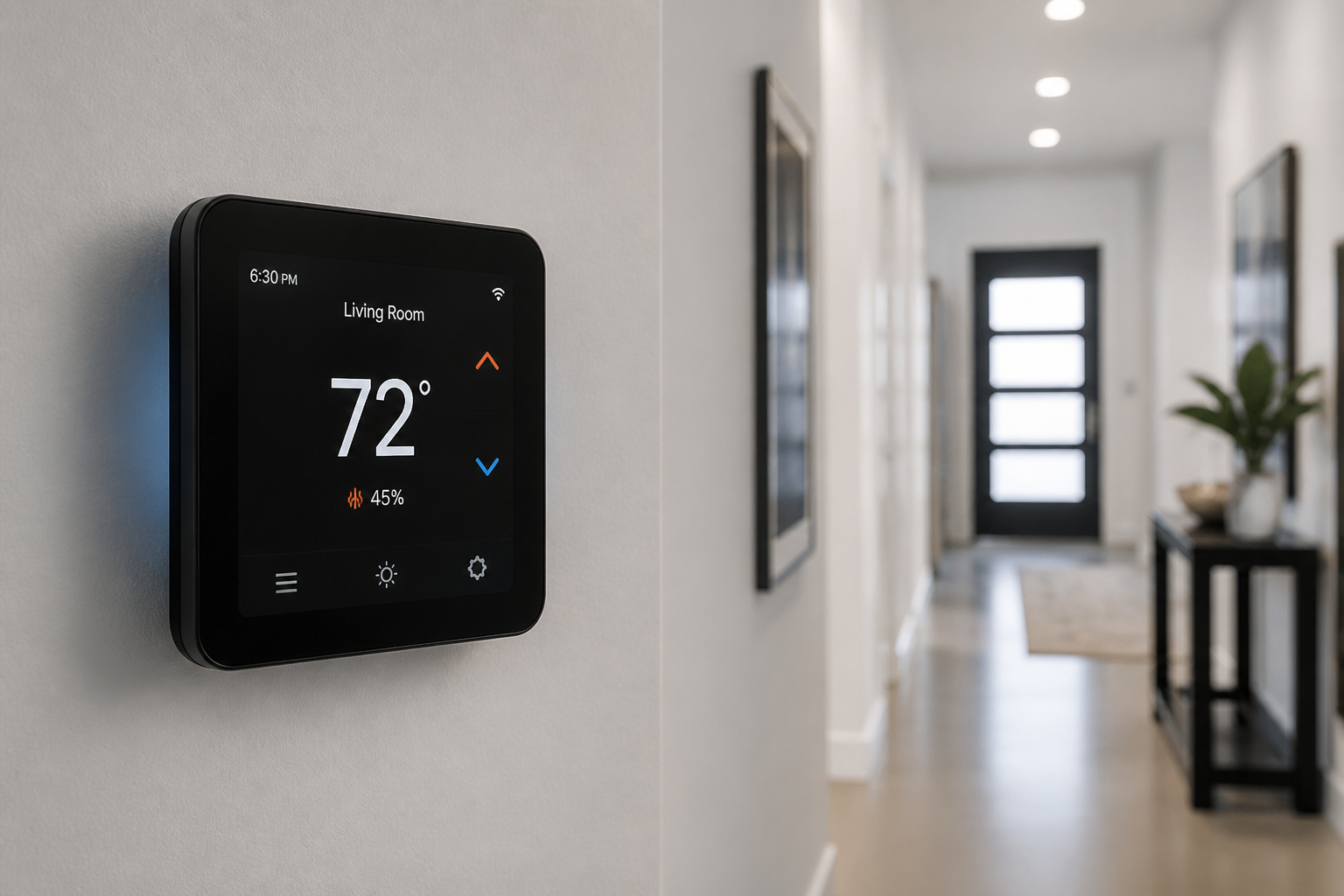 Square smart thermostat with a touchscreen display mounted on a hallway wall