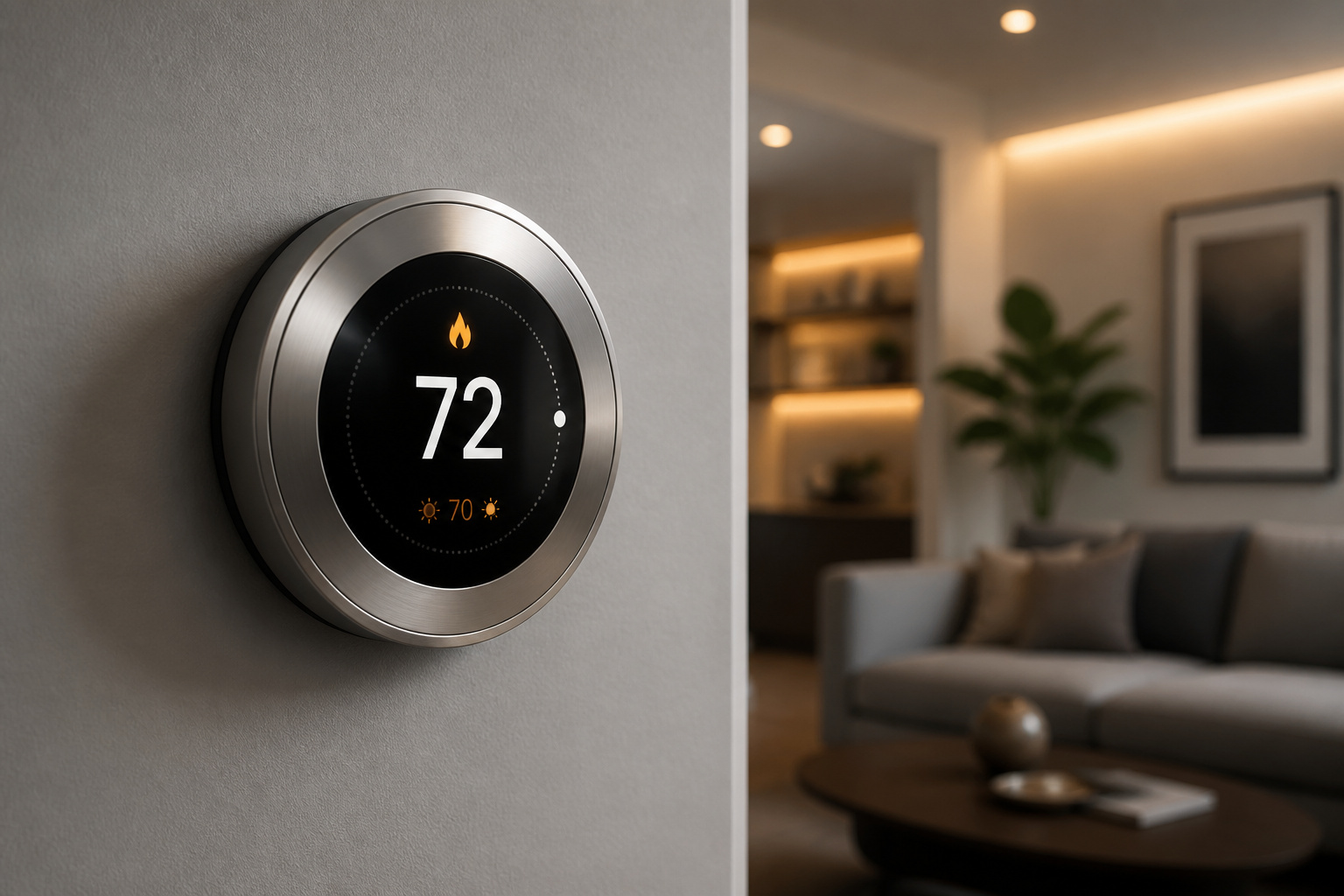Round smart thermostat with a glowing display mounted on a living room wall