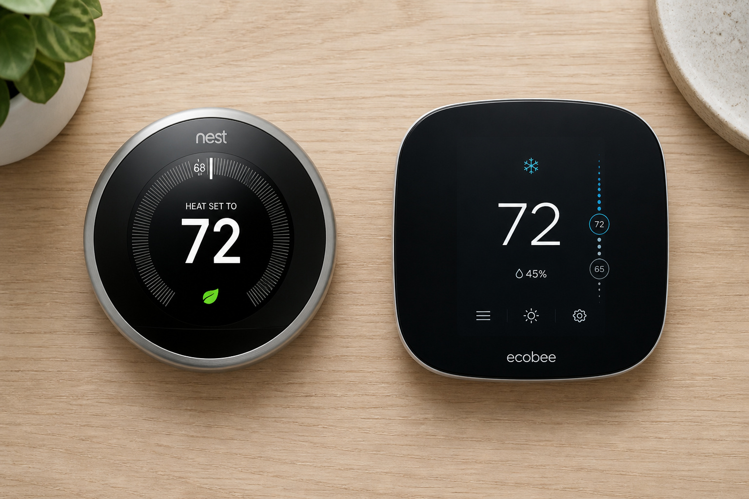 Side-by-side flat-lay comparison of two smart thermostat models on a wooden table