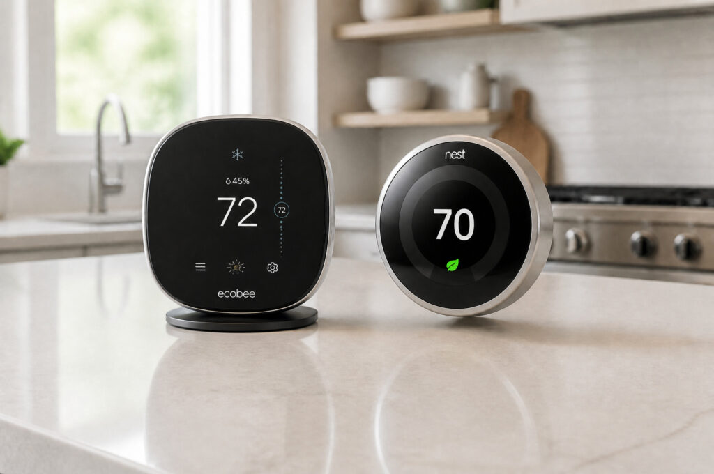 Two smart thermostats on a kitchen counter with price tags, representing a buying decision