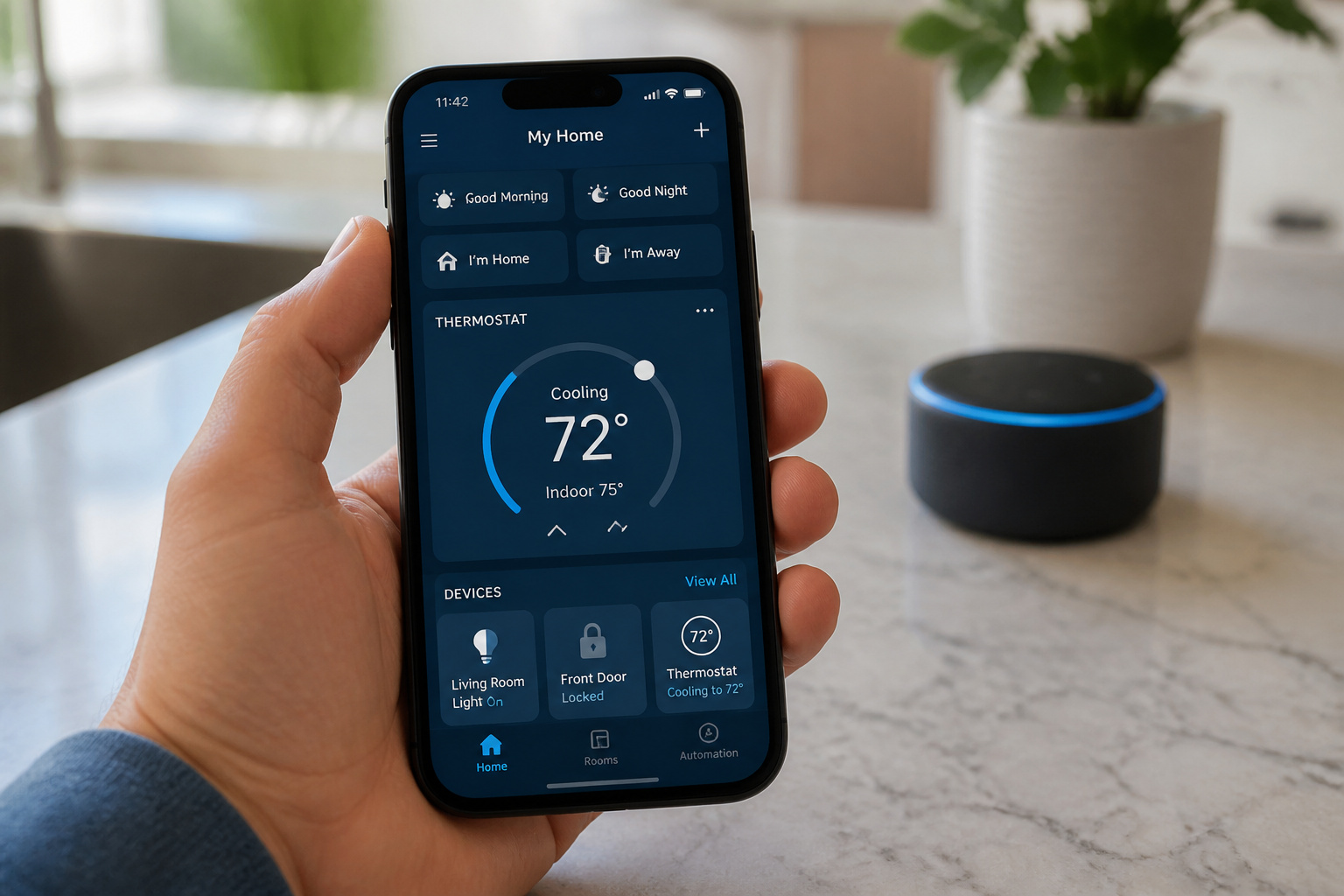 Hand holding a smartphone showing a smart home app with thermostat controls