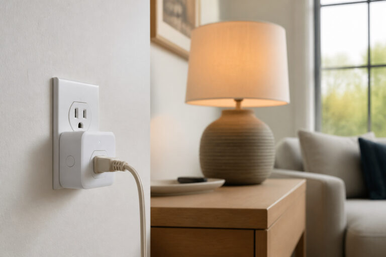 White smart plug plugged into a wall outlet with a lamp cord attached