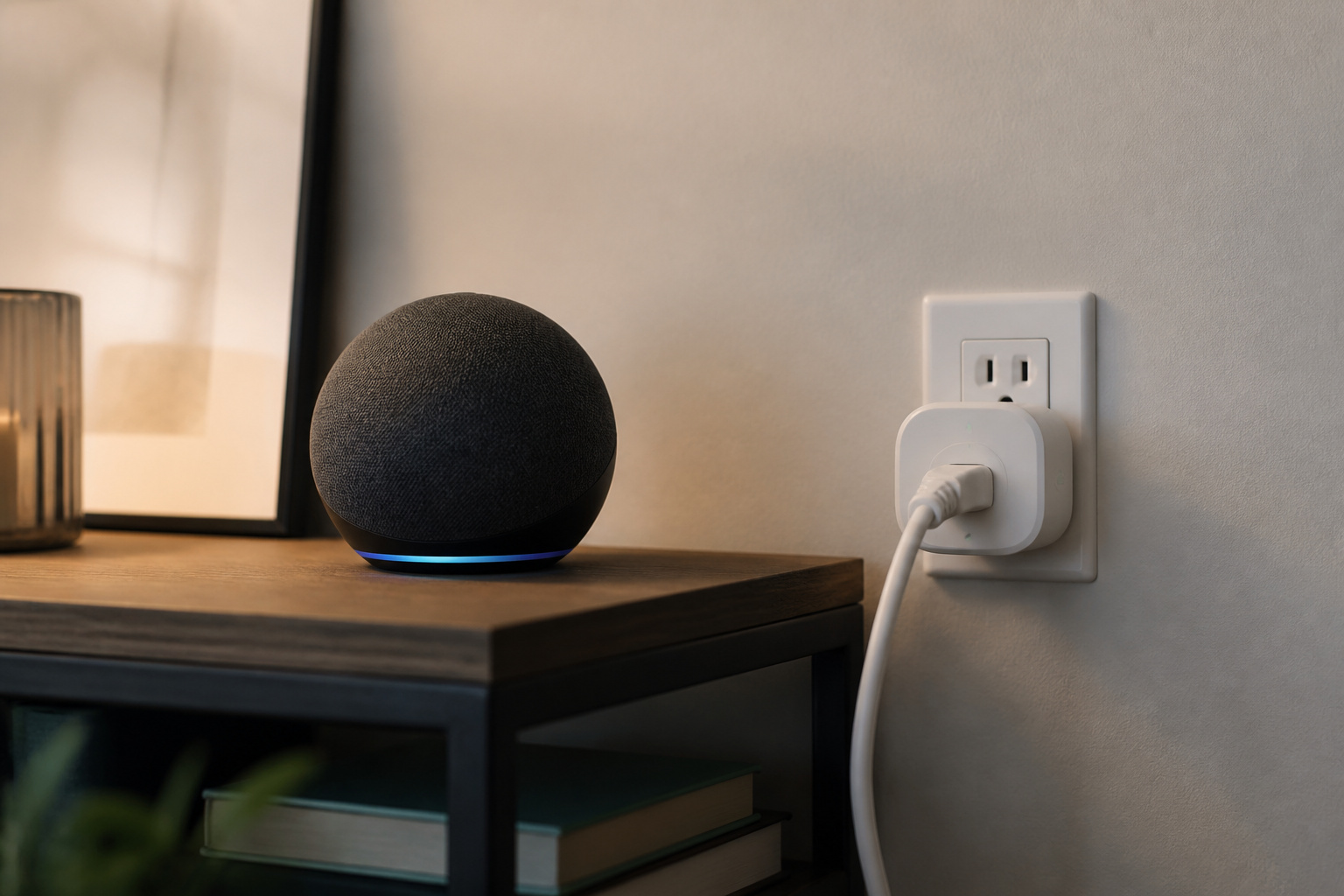 Smart speaker on a shelf near a smart plug plugged into an outlet