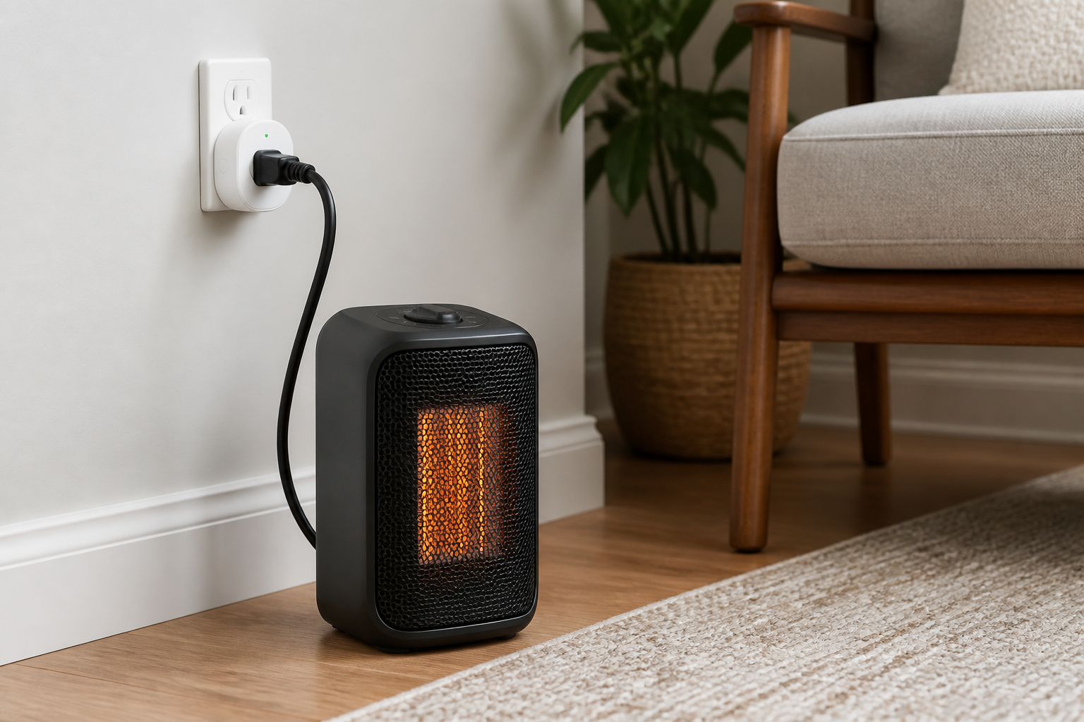 Space heater plugged into a heavy-duty smart plug at a wall outlet