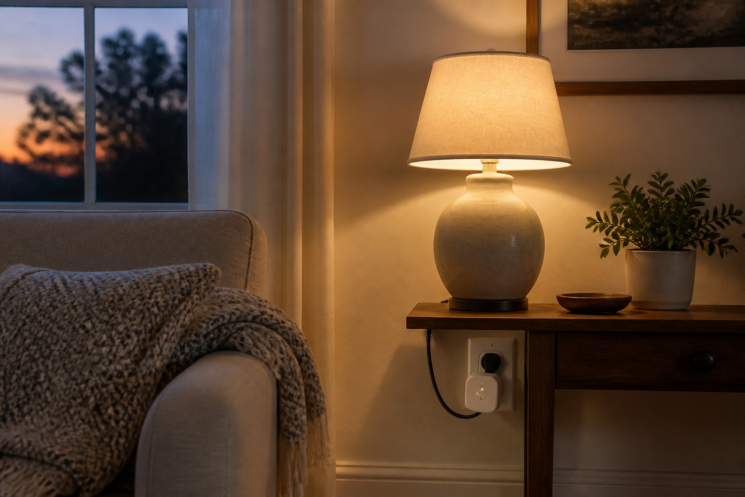 Lamp glowing warmly in a living room with a smart plug at its outlet
