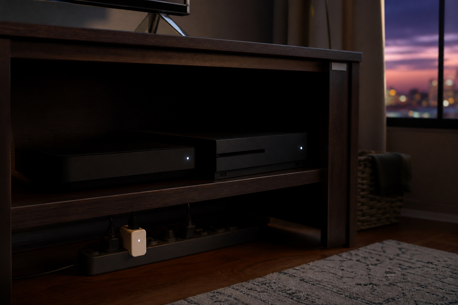 Home entertainment devices with standby lights glowing in a dim room