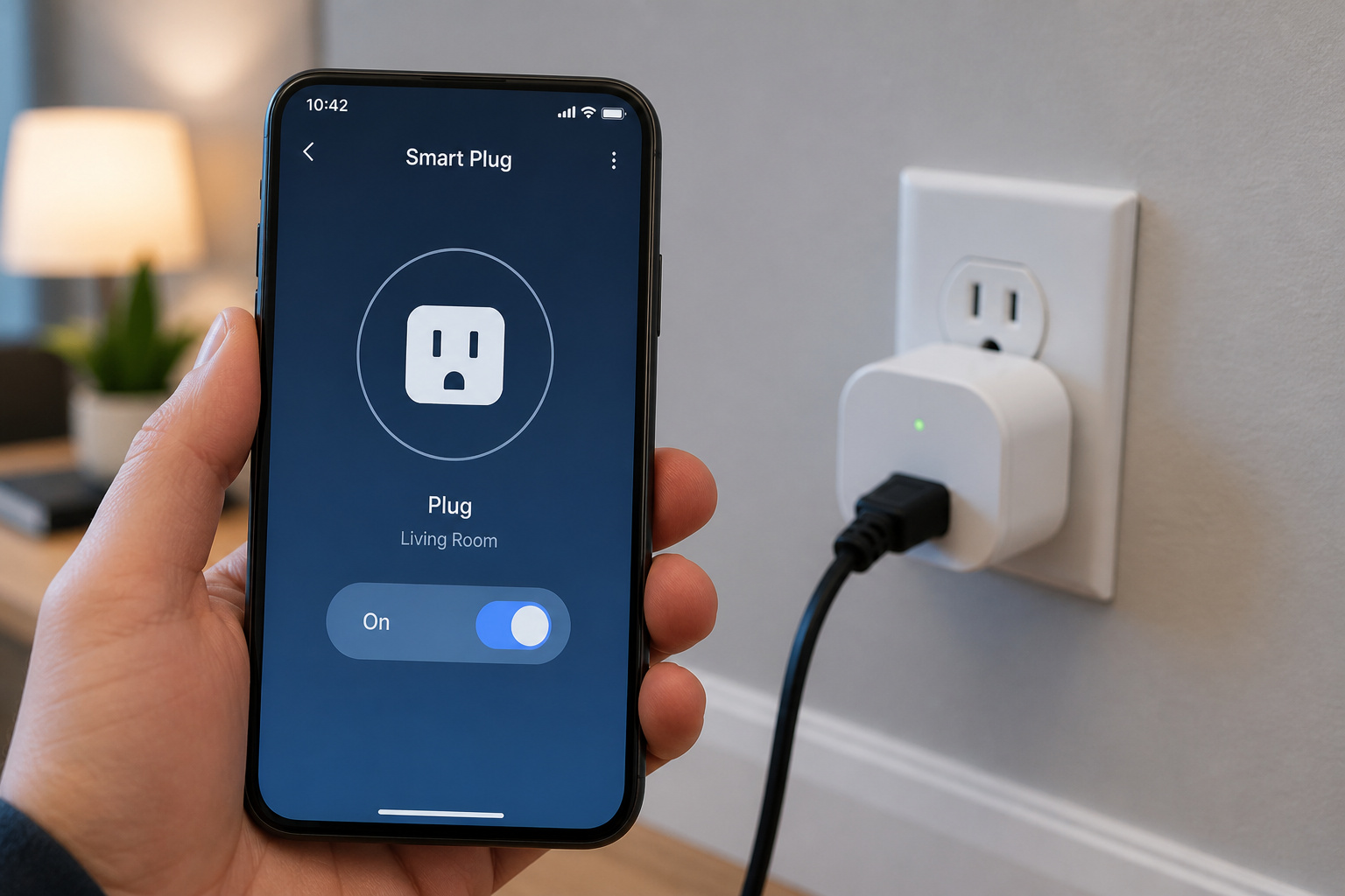 Hand holding a phone showing a smart plug control app