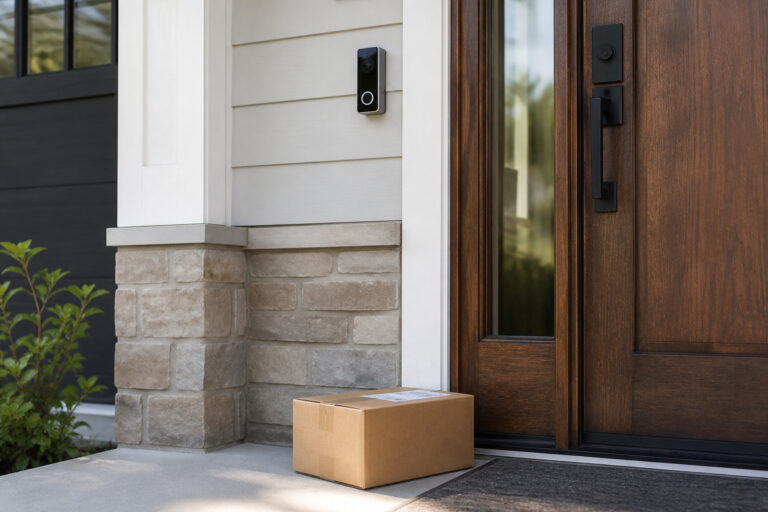 Video doorbell mounted beside a front door with a package on the porch