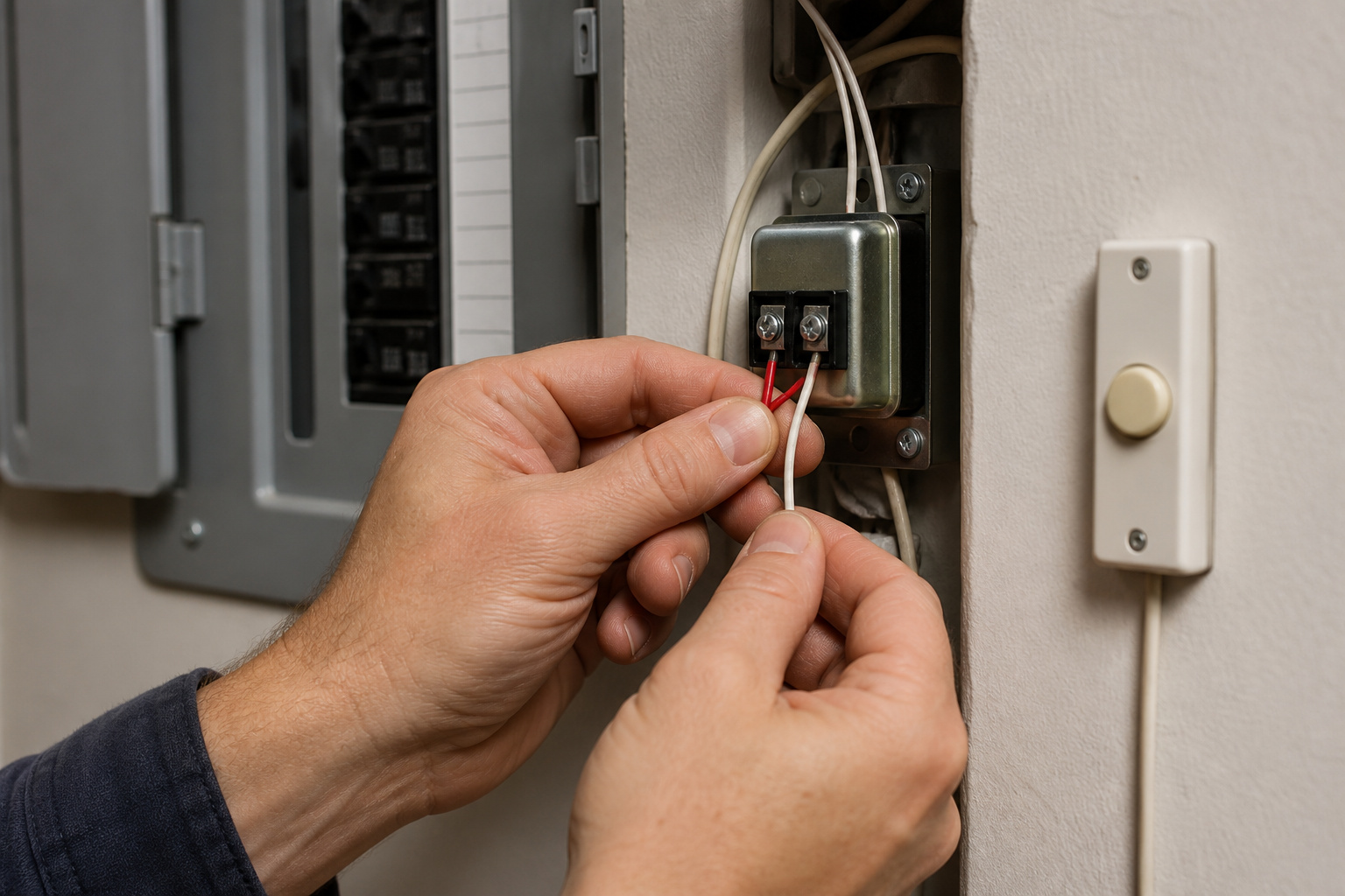 Hands connecting low-voltage wiring to a doorbell transformer