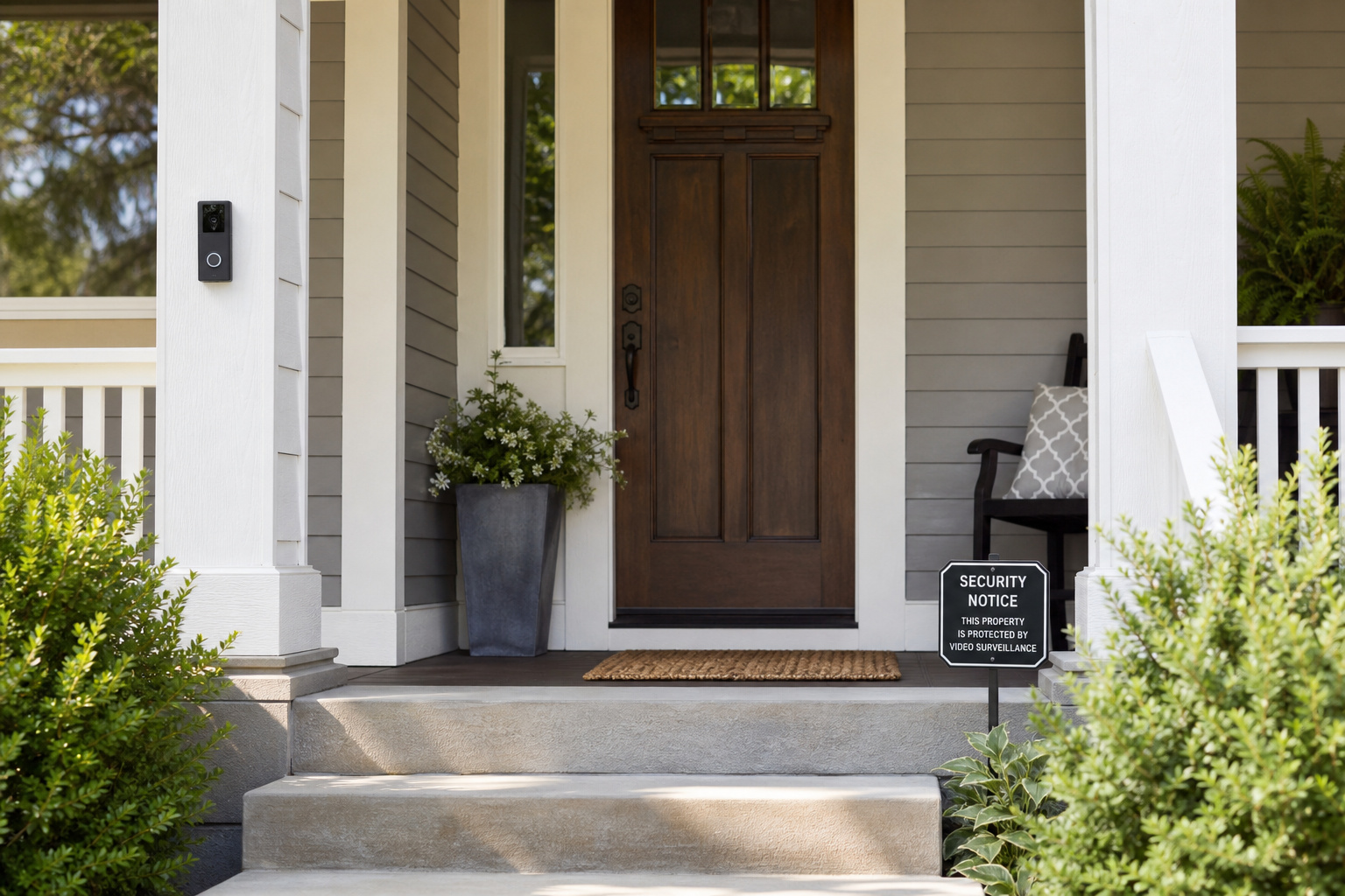 Front porch with a visible video doorbell and a security warning sign