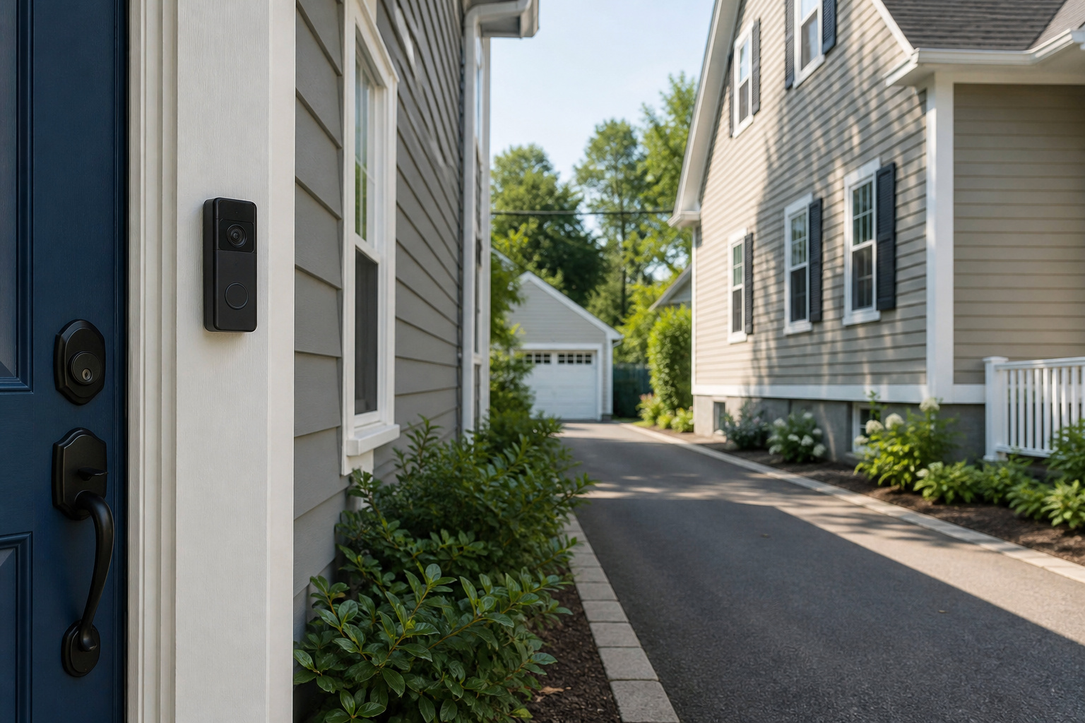 Neighboring houses with a shared driveway and a video doorbell visible on one door frame