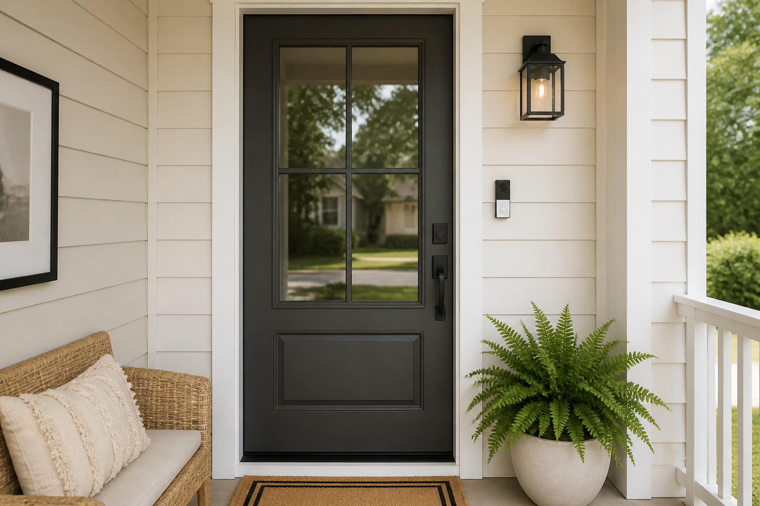 Front entryway with a video doorbell, smart lock, and porch light