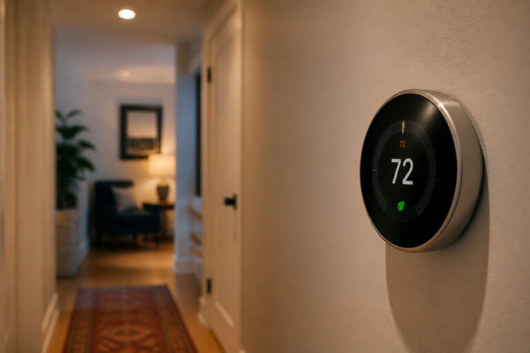 Smart thermostat mounted on a hallway wall displaying a temperature readout