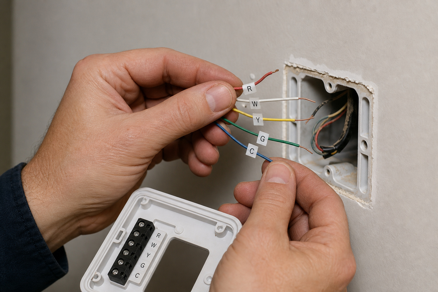 Hands examining labeled low-voltage thermostat wires behind a wall plate