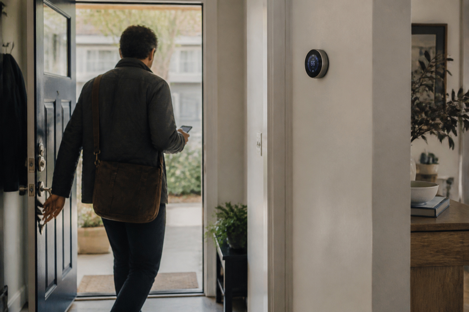 Person leaving through the front door with a smart thermostat visible on the entryway wall