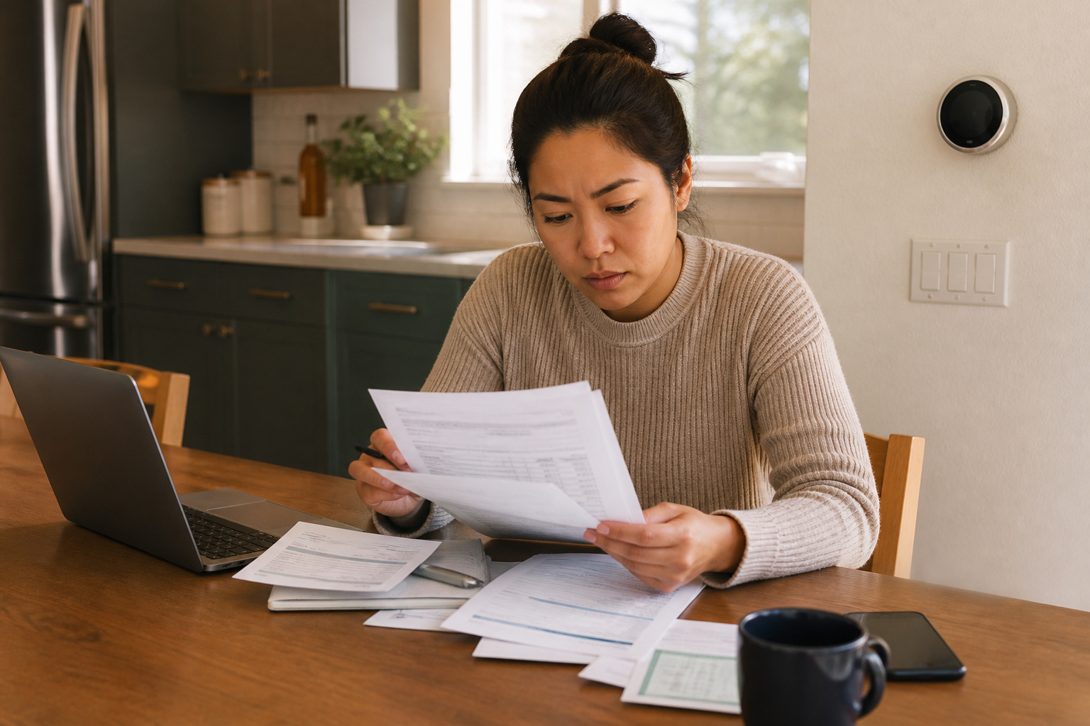 Person reviewing utility bill and rebate paperwork at a kitchen table