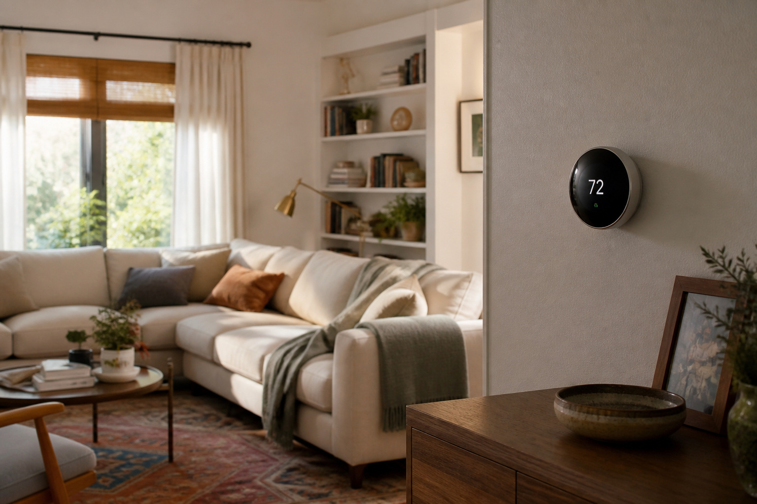 Cozy living room with a smart thermostat visible on the wall