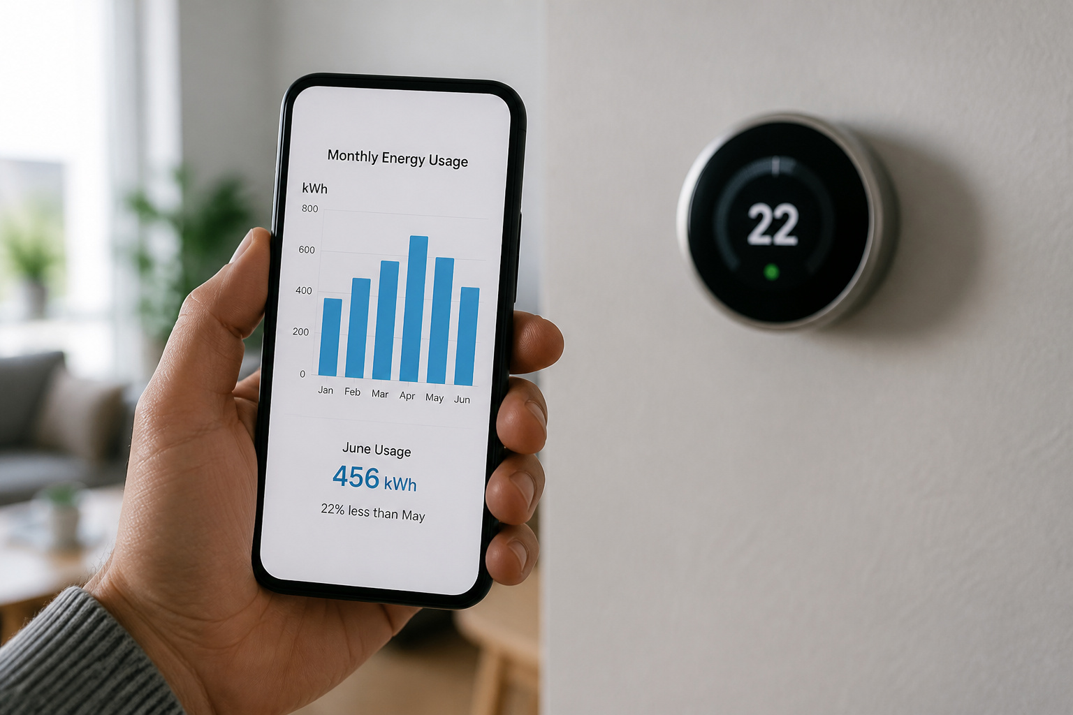 Hand holding a phone showing a monthly energy usage graph near a wall thermostat