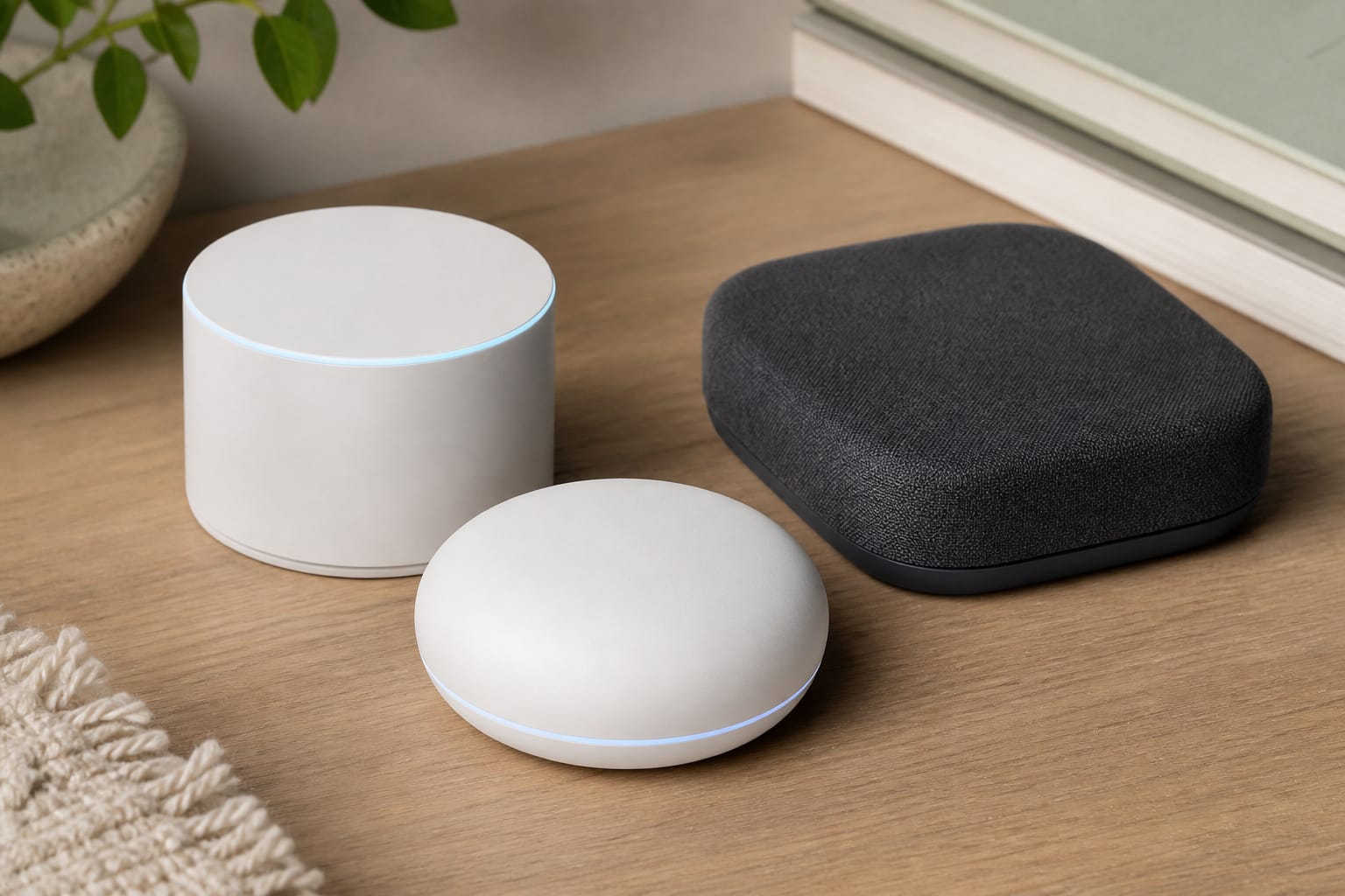 Three different smart home hub devices arranged together on a table
